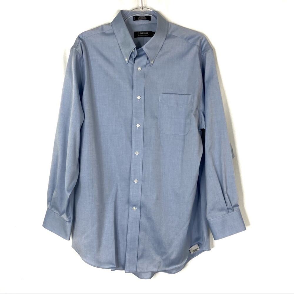 George Blue Wrinkle Free 80s 2-Ply Pinpoint Dress Shirt Long Sleeve Mens 16.5